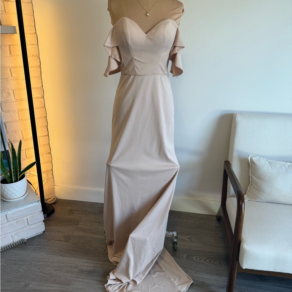 Kleinfeld off shoulder formal dress in dusty beige, neutral color - Picture 3 of 14